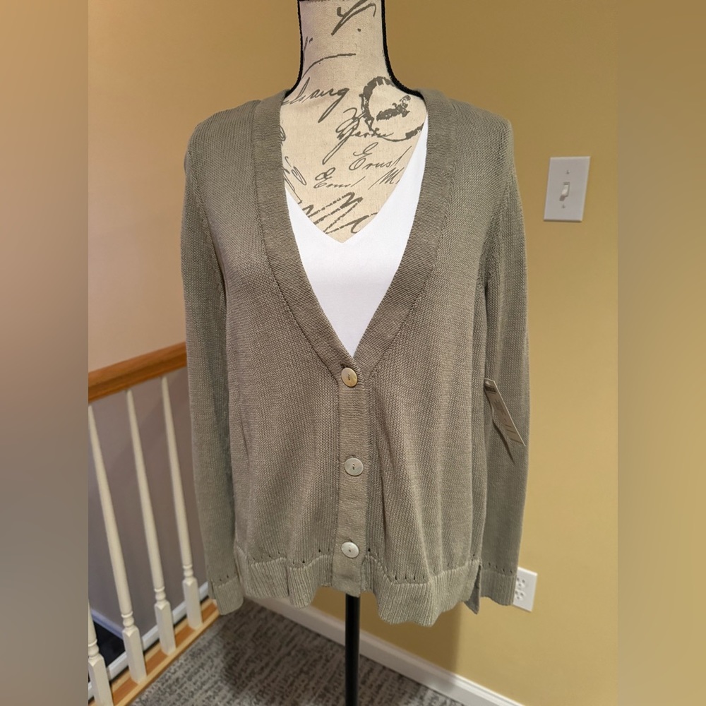 Chico’s button front linen knit blend cardigan sweater sz 1 sage leaf green
